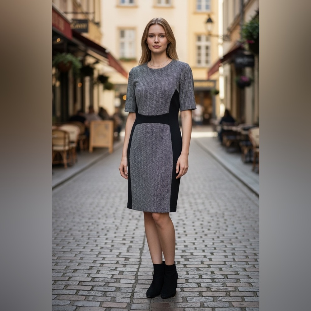 Michael Kors Black and Gray Midi Dress, Gold Zipper down back